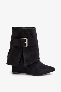 Botki Na Koturnie Z Wywiniętą Cholewką I Klamrą Eko Zamszowe Czarne Vortinia