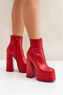 Botki Na Masywnej Platformie I Słupku Ocieplane Czerwone Selahra