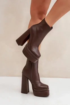 Botki Na Masywnej Platformie I Słupku Ocieplane Czekoladowe Selahra