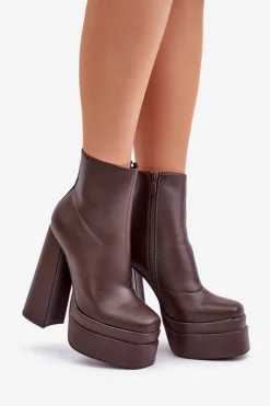 Botki Na Masywnej Platformie I Słupku Ocieplane Czekoladowe Selahra