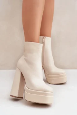 Botki Na Masywnej Platformie I Słupku Ocieplane Jasnobeżowe Selahra