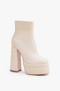 Botki Na Masywnej Platformie I Słupku Ocieplane Jasnobeżowe Selahra