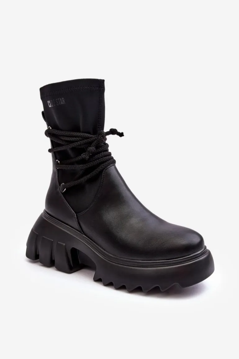 Botki Na Masywnej Platformie Z Wiązaniem Czarne Big Star MM274590