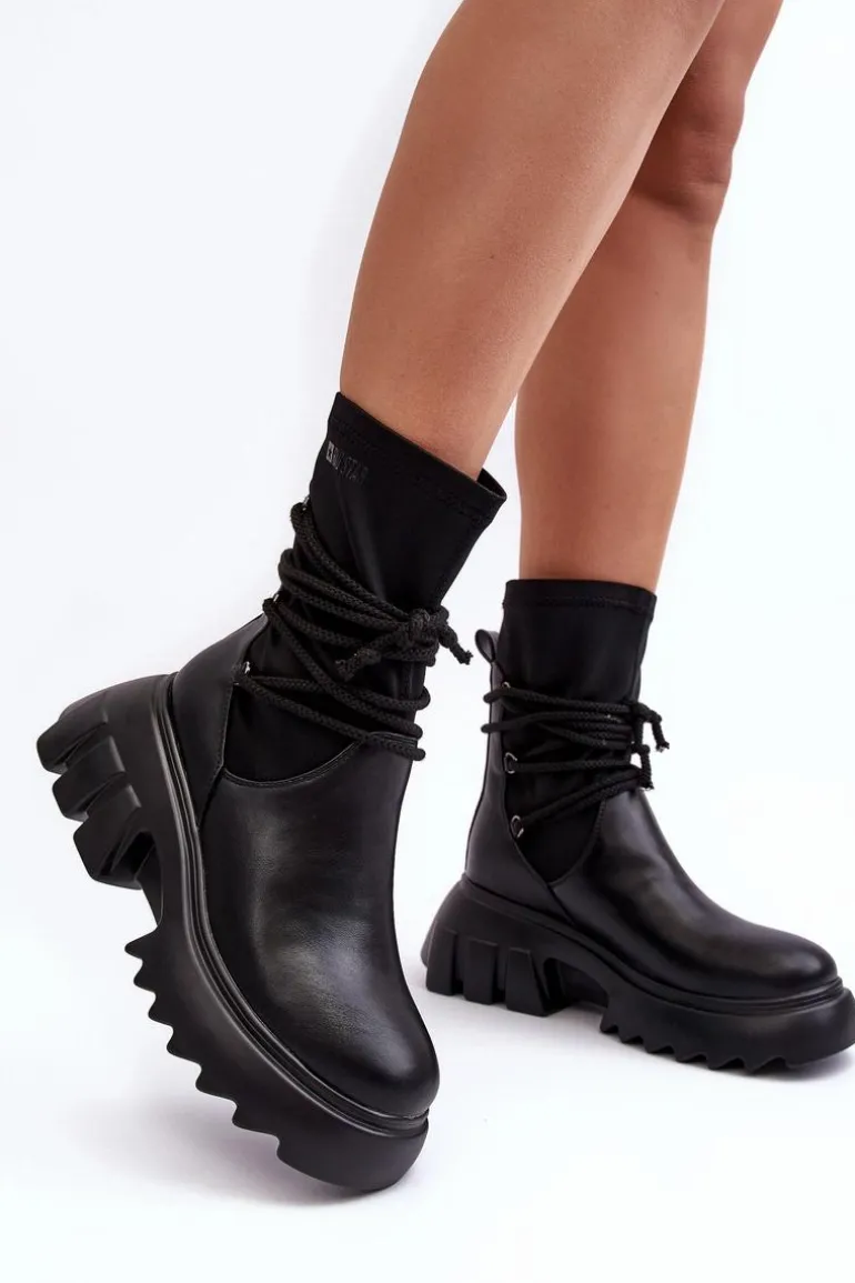 Botki Na Masywnej Platformie Z Wiązaniem Czarne Big Star MM274590