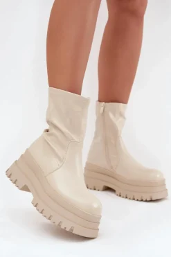 Botki Na Masywnej Platformie Eko Skórzane Beżowe Kylira