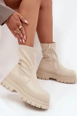 Botki Na Masywnej Platformie Eko Skórzane Beżowe Kylira