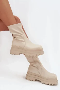 Botki Na Masywnej Platformie Eko Skórzane Beżowe Kylira