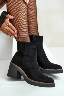 Botki Na Obcasie Słupku Eko Zamszowe Ocieplane Na Zamek Czarne Lerallea