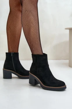 Botki Na Obcasie Słupku Eko Zamszowe Ocieplane Na Zamek Czarne Lerallea