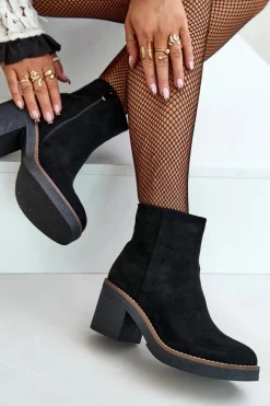 Botki Na Obcasie Słupku Eko Zamszowe Ocieplane Na Zamek Czarne Lerallea