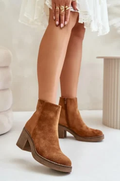 Botki Na Obcasie Słupku Eko Zamszowe Ocieplane Na Zamek Camel Lerallea