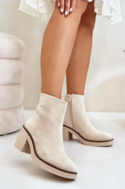 Botki Na Obcasie Słupku Eko Zamszowe Ocieplane Na Zamek Beżowe Lerallea