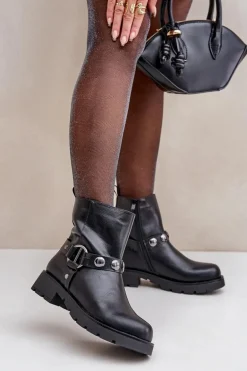 Botki Na Płaskim Obcasie Ocieplane Z Ozdobnymi Paskami Czarne Felilania