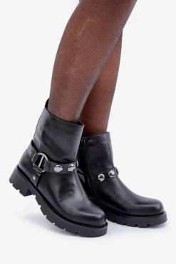 Botki Na Płaskim Obcasie Ocieplane Z Ozdobnymi Paskami Czarne Felilania