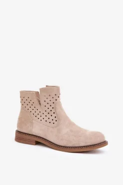 Botki Na Płaskim Obcasie Z Ażurową Cholewką Jasnobeżowe Elivaya