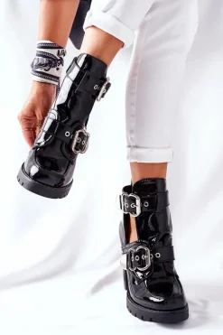 Botki Na Słupku Czarne Lakierowane Klamra Bramshall