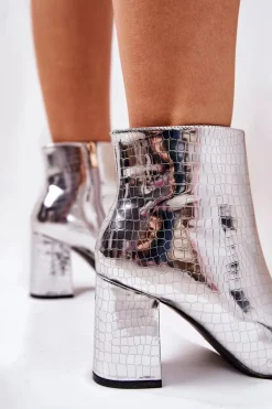 Botki Na Słupku Lustrzane Wężowe Srebrne Ferty