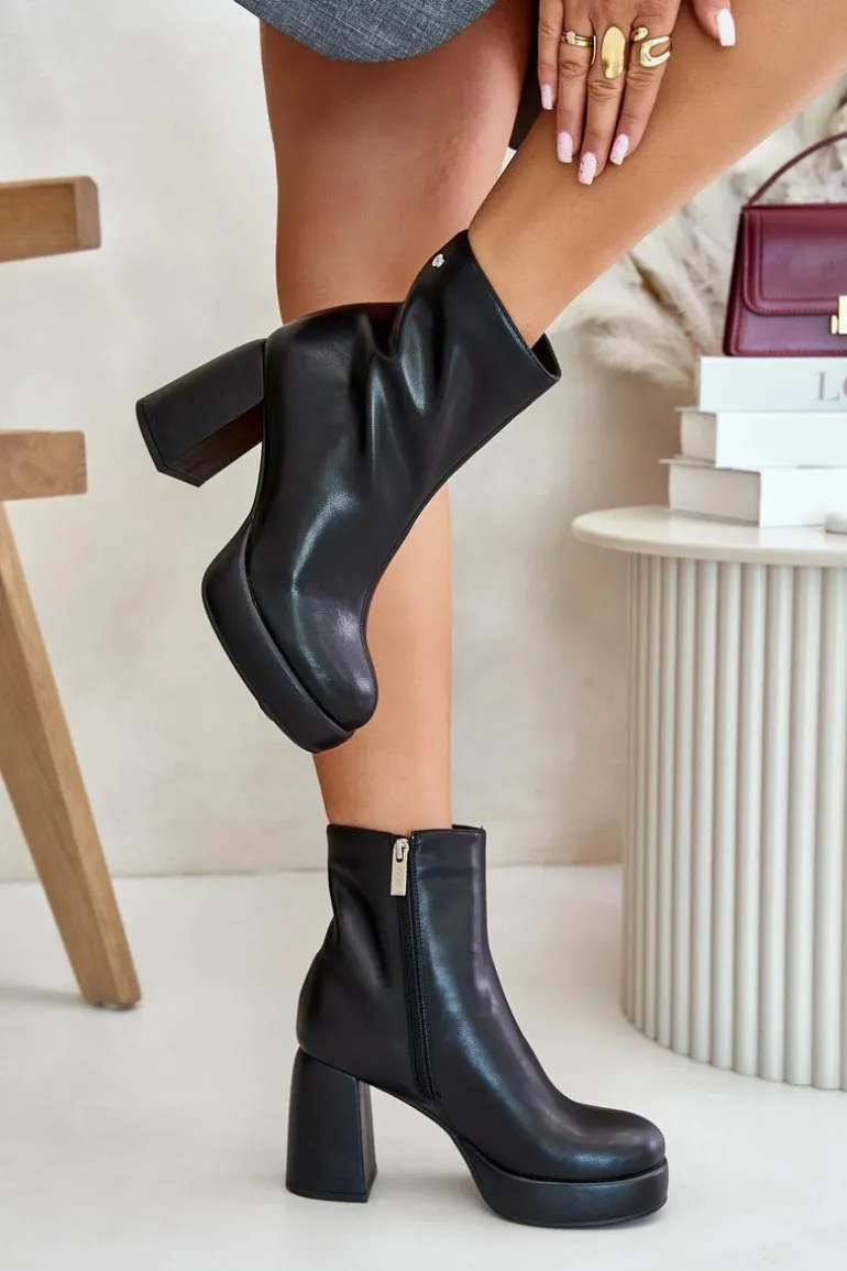 Botki Na Słupku Ze Skóry Naturalnej GOE OO2N4166-W2 Czarne