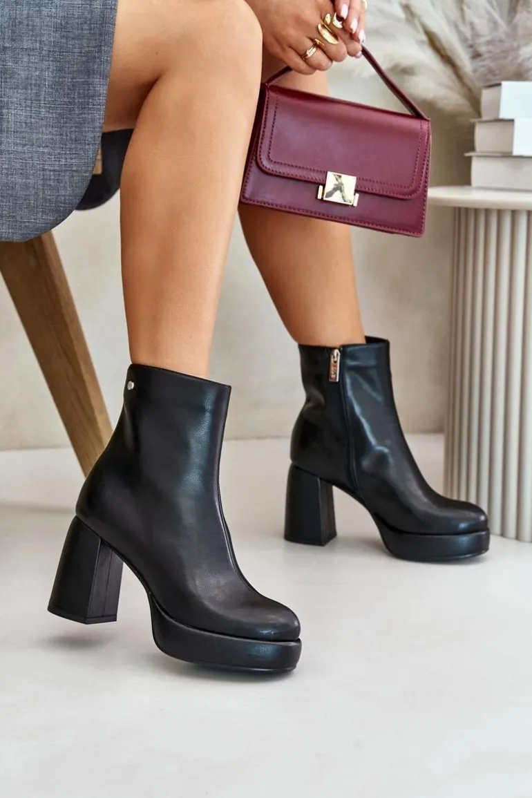 Botki Na Słupku Ze Skóry Naturalnej GOE OO2N4166-W2 Czarne