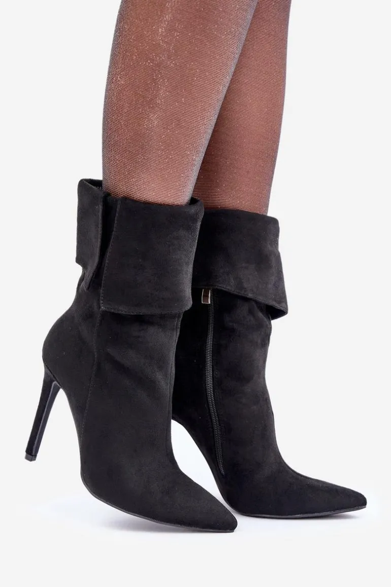 Botki Na Szpilce Z Wywiniętą Cholewką Czarne Luxira