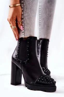 Botki Na Wysokim Obcasie Z Dżetami Czarne Lisana