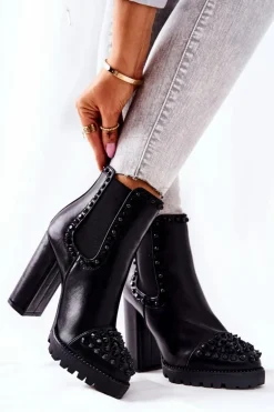 Botki Na Wysokim Obcasie Z Dżetami Czarne Lisana