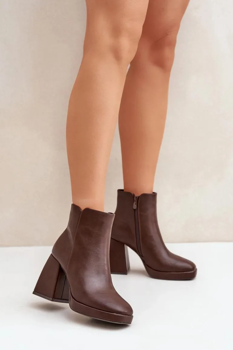 Botki Na Wysokim Obcasie Słupku Eko Skórzane Ciemnobrązowe Selarae