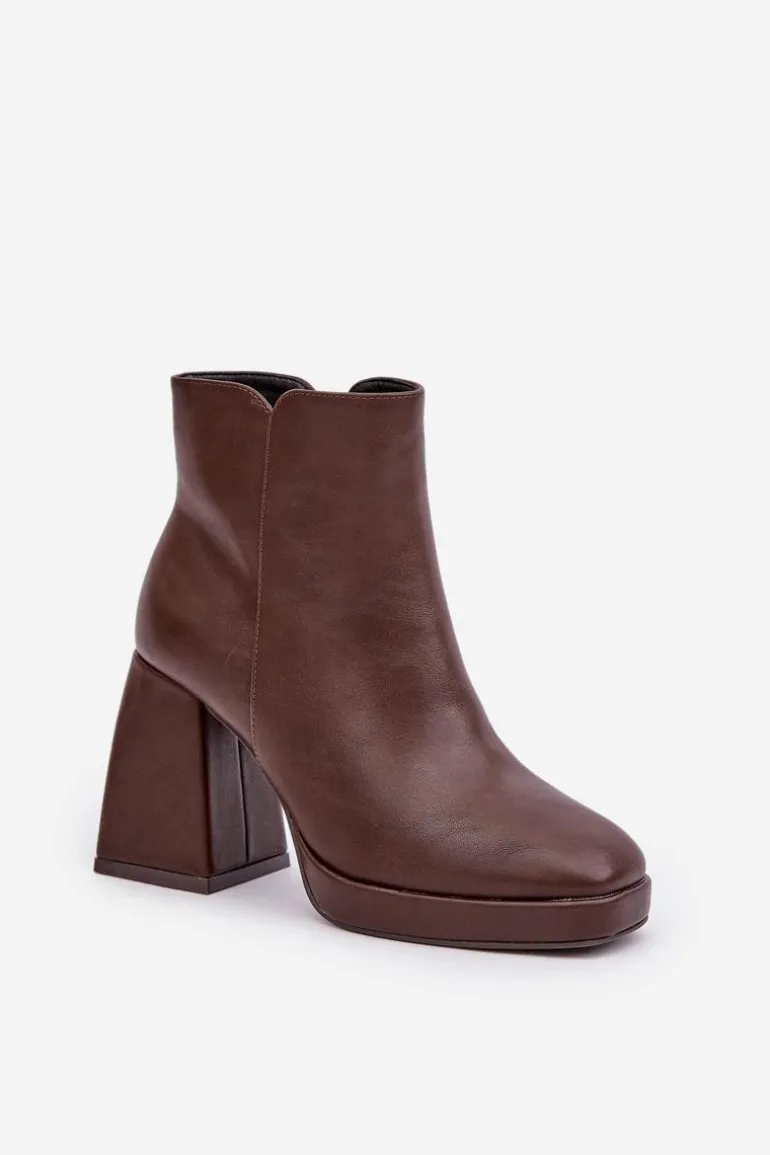 Botki Na Wysokim Obcasie Słupku Eko Skórzane Ciemnobrązowe Selarae