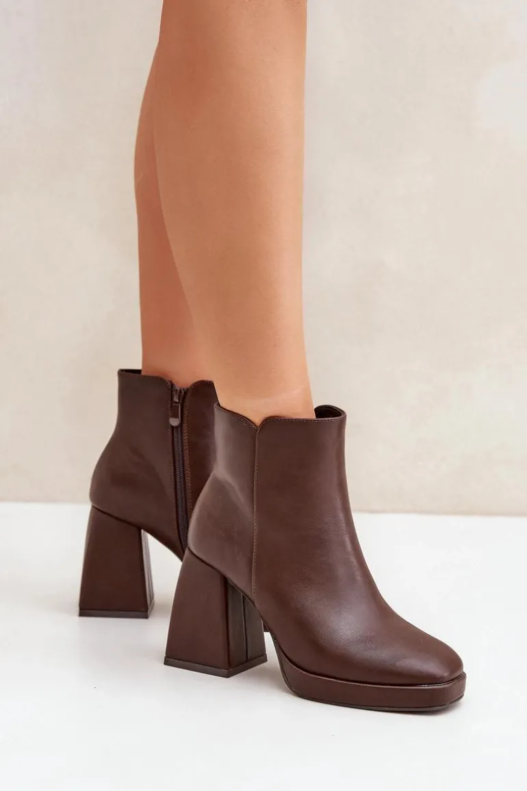 Botki Na Wysokim Obcasie Słupku Eko Skórzane Ciemnobrązowe Selarae