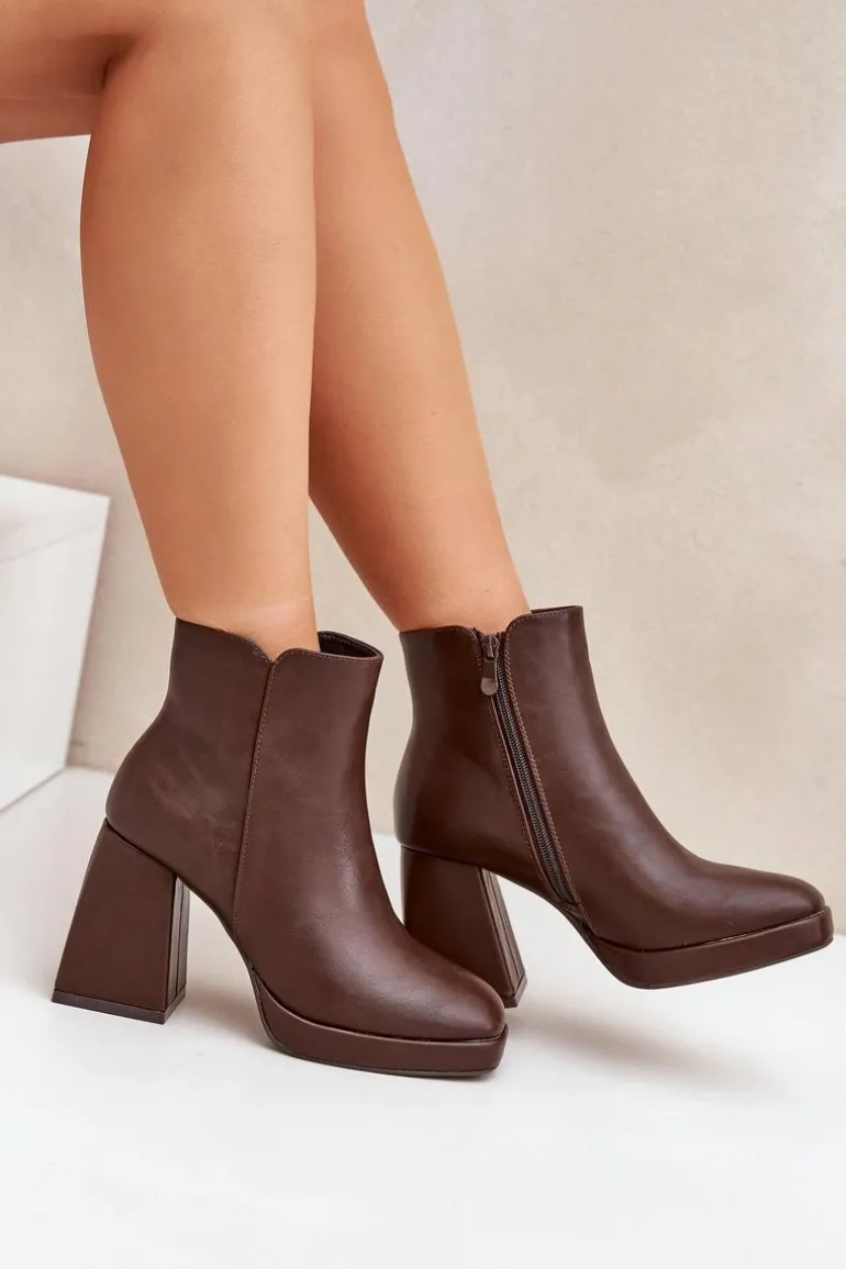Botki Na Wysokim Obcasie Słupku Eko Skórzane Ciemnobrązowe Selarae