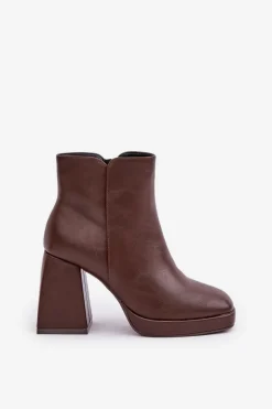 Botki Na Wysokim Obcasie Słupku Eko Skórzane Ciemnobrązowe Selarae