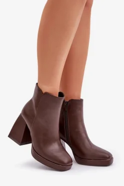 Botki Na Wysokim Obcasie Słupku Eko Skórzane Ciemnobrązowe Selarae