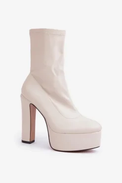 Botki Na Wysokim Obcasie Słupku I Platformie Jasnobeżowe Tennira