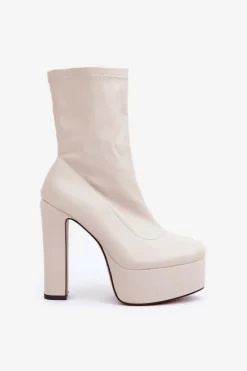 Botki Na Wysokim Obcasie Słupku I Platformie Jasnobeżowe Tennira