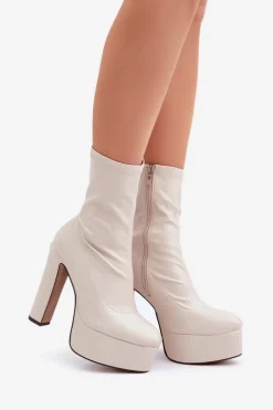 Botki Na Wysokim Obcasie Słupku I Platformie Jasnobeżowe Tennira