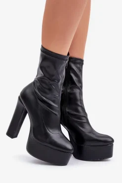 Botki Na Wysokim Obcasie Słupku I Platformie Czarne Tennira