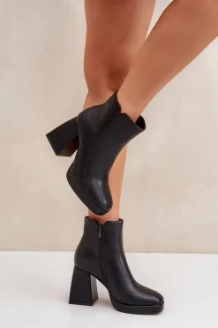 Botki Na Wysokim Obcasie Słupku Eko Skórzane Czarne Selarae