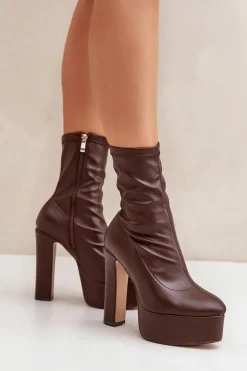 Botki Na Wysokim Obcasie Słupku I Platformie Ciemnobrązowe Tennira