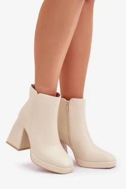 Botki Na Wysokim Obcasie Słupku Eko Skórzane Jasnobeżowe Selarae