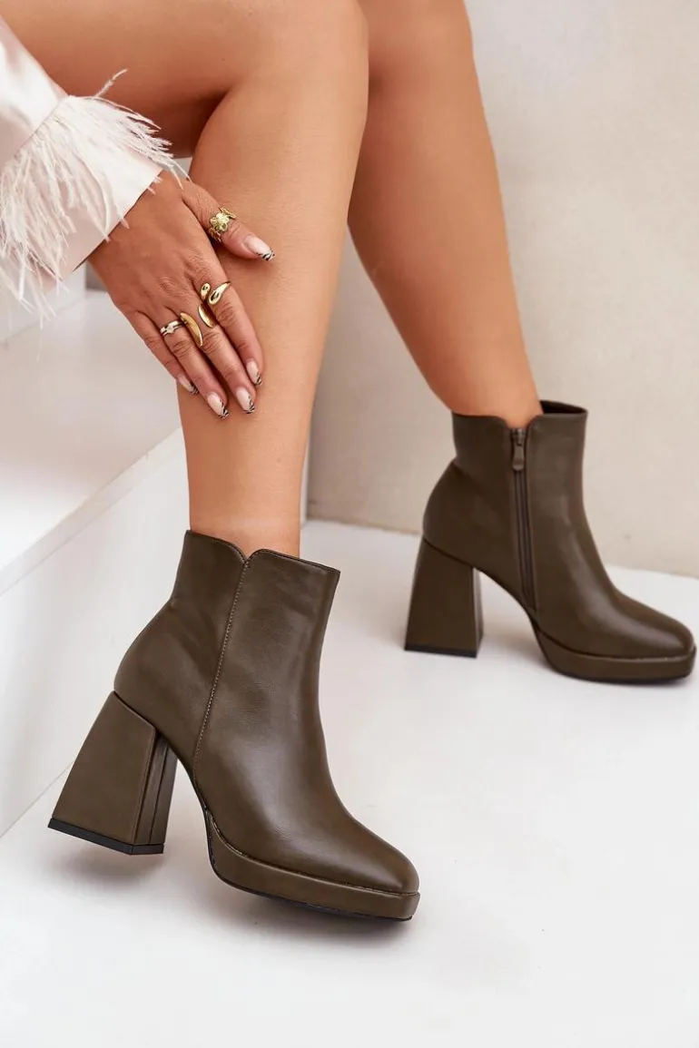 Botki Na Wysokim Obcasie Słupku Eko Skórzane Ciemnozielone Selarae