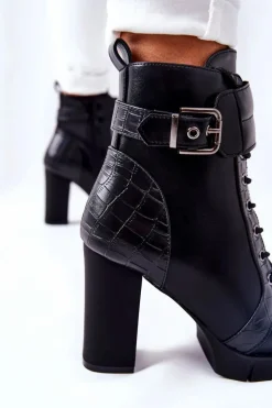 Botki Na Wysokim Słupku Czarne Wiązane Fasha