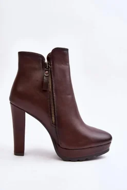 Botki Na Wysokim Słupku Z Suwakami Brązowe Inezma