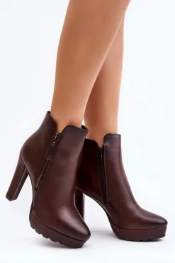 Botki Na Wysokim Słupku Z Suwakami Brązowe Inezma
