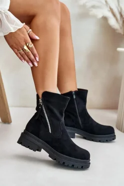 Botki Ocieplane Na Płaskim Obcasie Z Eko Zamszu Czarne Reloma