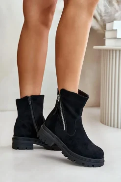 Botki Ocieplane Na Płaskim Obcasie Z Eko Zamszu Czarne Reloma
