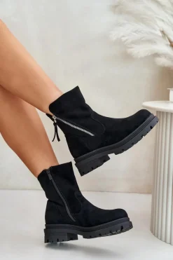 Botki Ocieplane Na Płaskim Obcasie Z Eko Zamszu Czarne Reloma