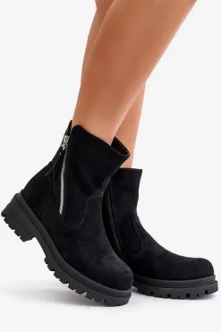 Botki Ocieplane Na Płaskim Obcasie Z Eko Zamszu Czarne Reloma