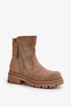 Botki Ocieplane Na Płaskim Obcasie Z Eko Zamszu Beżowe Reloma