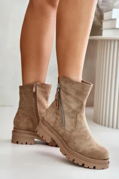 Botki Ocieplane Na Płaskim Obcasie Z Eko Zamszu Beżowe Reloma