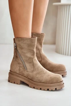 Botki Ocieplane Na Płaskim Obcasie Z Eko Zamszu Beżowe Reloma